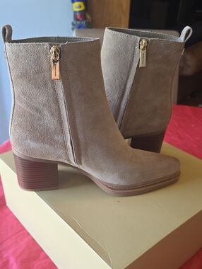 Michael Kors Taupe Suede Block Heel Ankle Boots with Gold Zipper